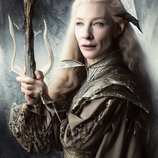 Prompt: portrait of dangerous, playful, mischievous young Galadriel (Cate Blanchett) as a queen of elves, dressed in a refined silvery costume. The background is a dark?, chilling eastern europen forrest. night, horroristic shadows, higher contrasts, (((lumnious))), theatrical, character concept art by ruan jia, thomas kinkade, and J.Dickenson, trending on Pinterest