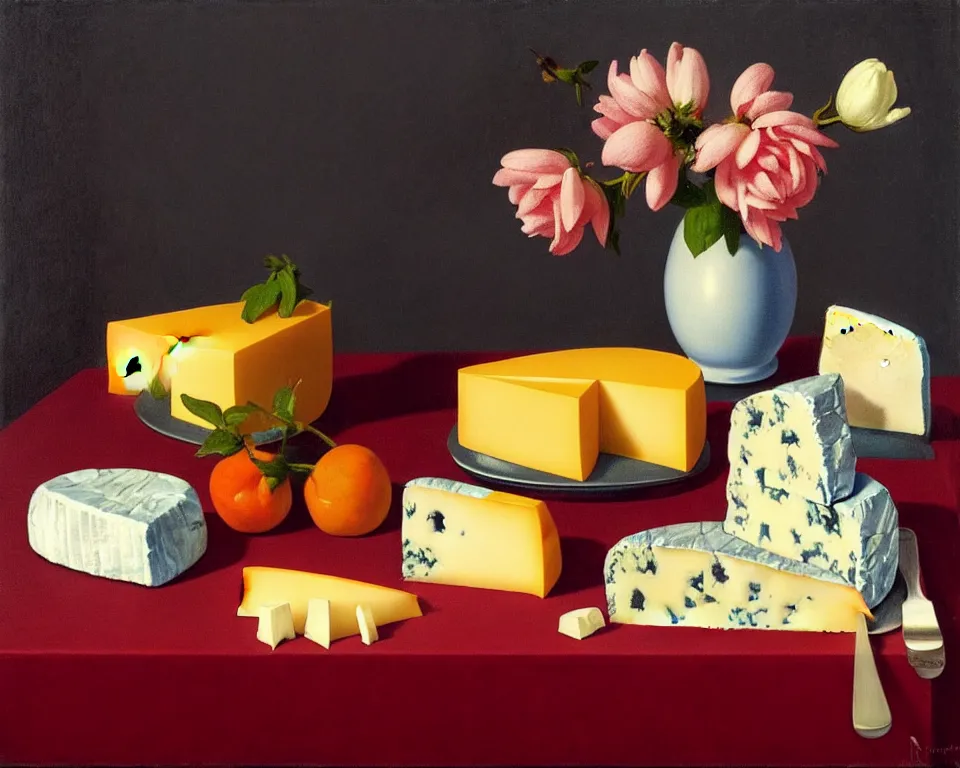 Image similar to an achingly beautiful still life featuring blooming flowers, cheese, red wine, and miniatures by Raphael, Hopper, and Rene Magritte. detailed, romantic, studio lighting, enchanting, trending on artstation.