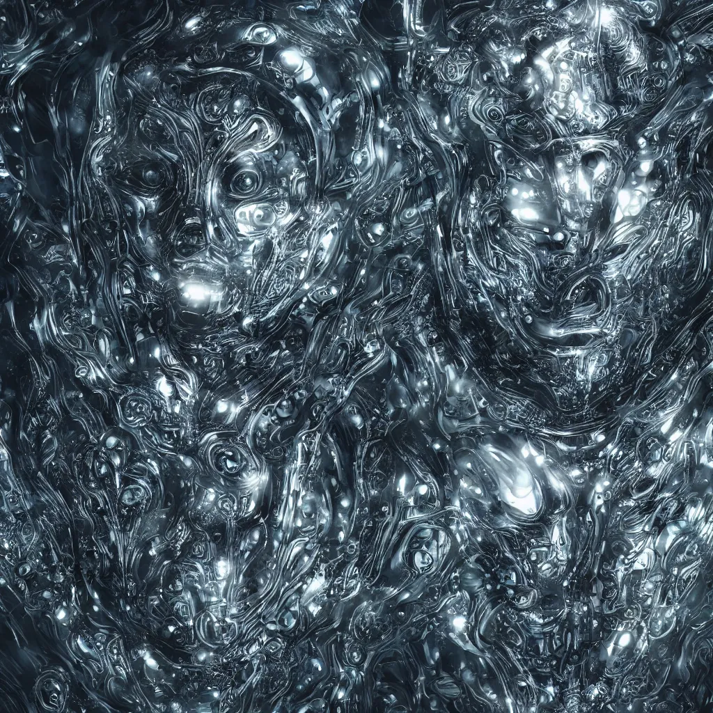 Image similar to an insanely detailed cibernetic artwork of a futuristic artificial intelligence superstar, extremely detailed water texture, centered image, perfectly symmetrical alien face, with frames made of detailed fractals, octane render, 4k, insanely detailed, detailed grid as background, cgi