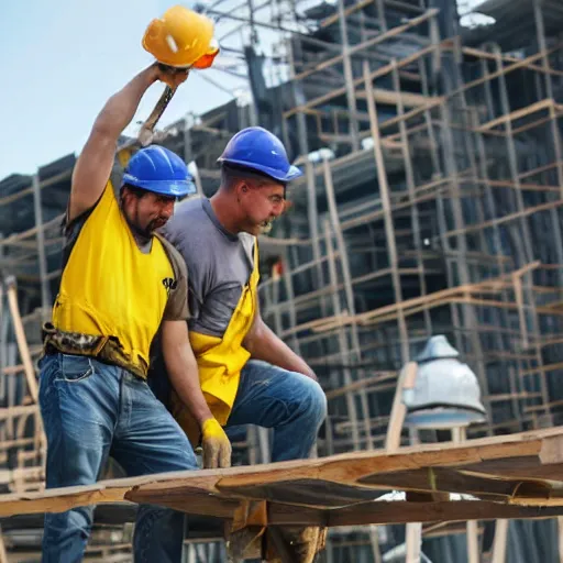 Prompt: two construction workers removing the moon from the sky