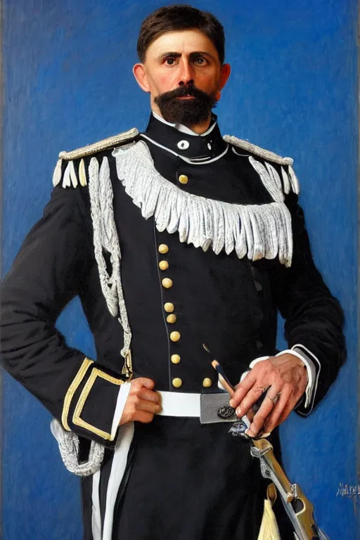 Image similar to full body portrait of the dictator of the orlando magic, 1 8 8 9, in full military garb, magic blue, silver, and black, oil on canvas by william sidney mount, trending on artstation