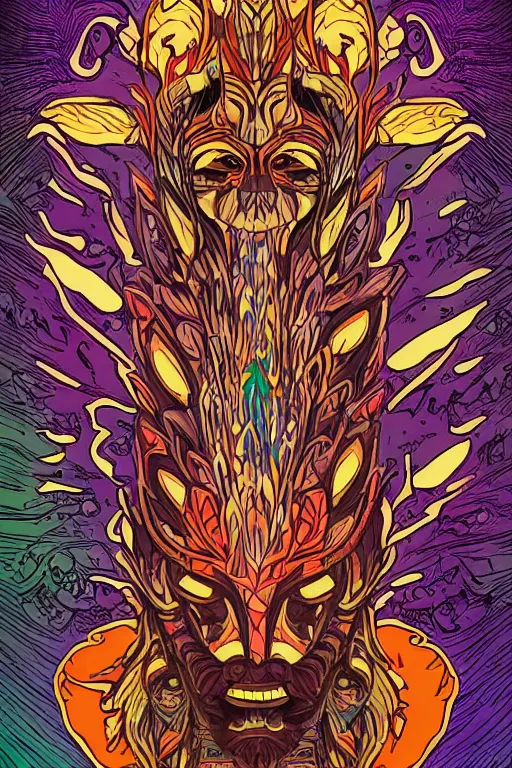 Image similar to animal mask totem roots flower tribal feather gemstone plant wood rock shaman vodoo video game vector cutout illustration vivid multicolor borderlands comics by josan gonzales and dan mumford radiating a glowing aura