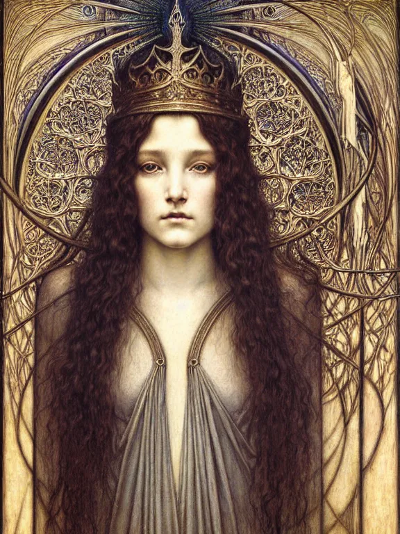 Image similar to detailed realistic beautiful young medieval queen face portrait by jean delville, gustave dore and marco mazzoni, art nouveau, symbolist, visionary, gothic, pre - raphaelite. horizontal symmetry