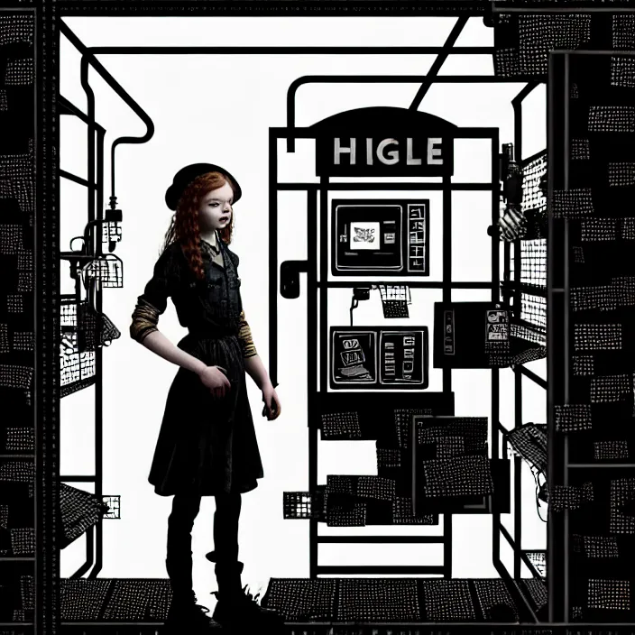 Prompt: sadie sink as a miner inside a minimalist steampunk automated kiosk room considers food options to choose from. black tiles on walls, bright foods displayed on a wall. wide angle lens. black and white, pencil and ink. scifi cyberpunk. by gabriel hardman, joe alves, chris bonura. cinematic atmosphere, detailed and intricate, perfect anatomy