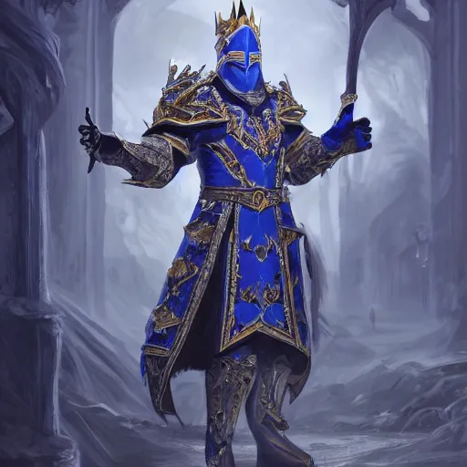 Image similar to concept art, full body portrait of king sorcerers, ornate, blue and silver, armor, robes, hyperrealistic, 4 k, unreal engine, highly detailed, dramatic lighting, beautiful