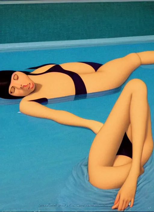 Image similar to portrait of a girl, in retro swimsuit, lying by the pool, minimalist oil painting by john godward, cheng, hsiao - ron, flat colors, beautiful lightning, sharp