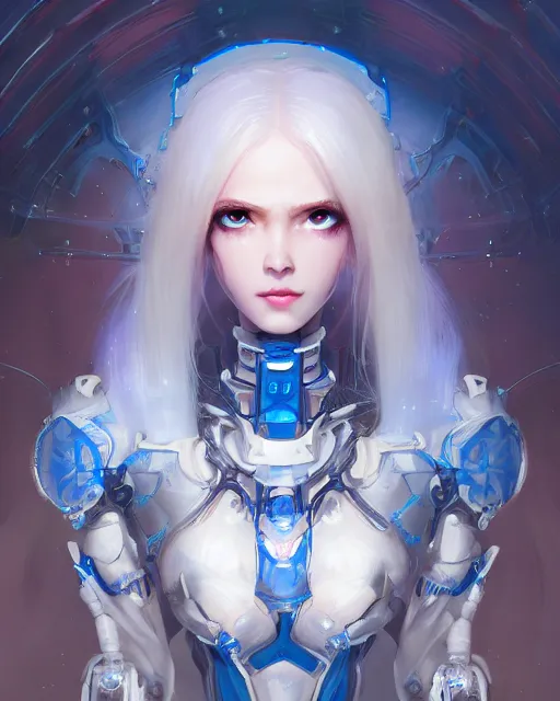 Image similar to holy cyborg necromancer girl, elegant, scifi, futuristic, utopia, garden, illustration, atmosphere, top lighting, blue eyes, white hair, focused, artstation, highly detailed, art by yuhong ding and chengwei pan and serafleur and ina wong