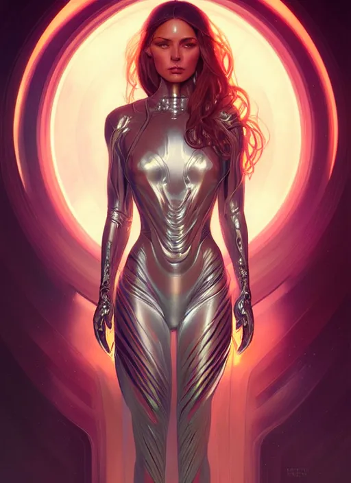 Image similar to futuristic woman portrait, sci-fi, amber eyes, face, long hair, fantasy, intricate, elegant, highly detailed, digital painting, artstation, concept art, smooth, sharp focus, illustration, art by artgerm and greg rutkowski and alphonse mucha