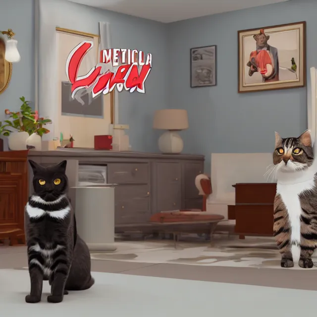 Image similar to american sitcom seinfeld but with cats, volumetric, realistic, cinematic lighting, ray tracing, unreal engine 5, unreal engine render, octane render, hyper realistic, photo, 8 k