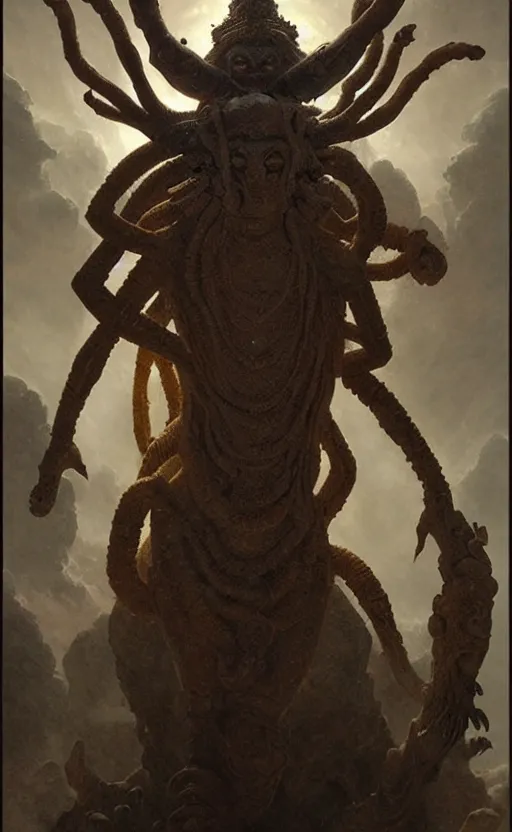 Image similar to an ancient hindu creature made of dust and earth, a mythological being that came from within the earth, a hindu god with many arms, gigantic, incomprehensible and frightening, trending on artstation, volumetric lighting, atmospheric portrait, highly detailed, art by greg rutkowski and alphonse mucha