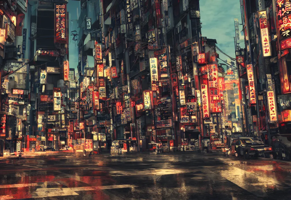 Image similar to tokyo streets cyberpunk style max payne blood trending on artstation cinematic realistic buildings windows cars peoples detailed golden ratio awesome composition color balance harmony physical correct light shadows octnae render 8 k