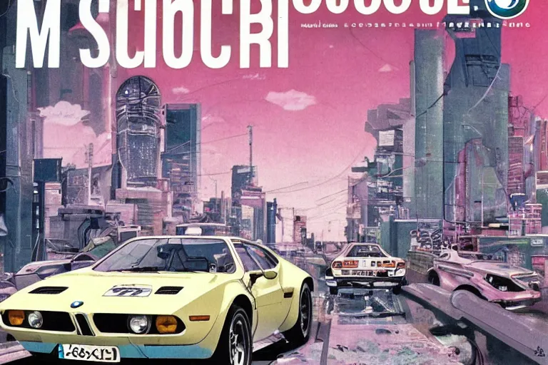 Image similar to 1969 Popular Science Magazine Cover BMW M1 Stratos, city in anime cyberpunk style by Hayao Miyazaki