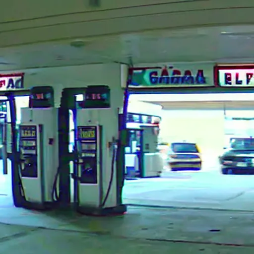 Image similar to A robbery at a gas station. Security camera footage, grainy, low quality.