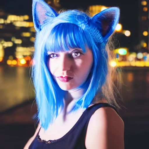Prompt: photo of a young woman with messy blue hair and cat ears, nerdy, night photography