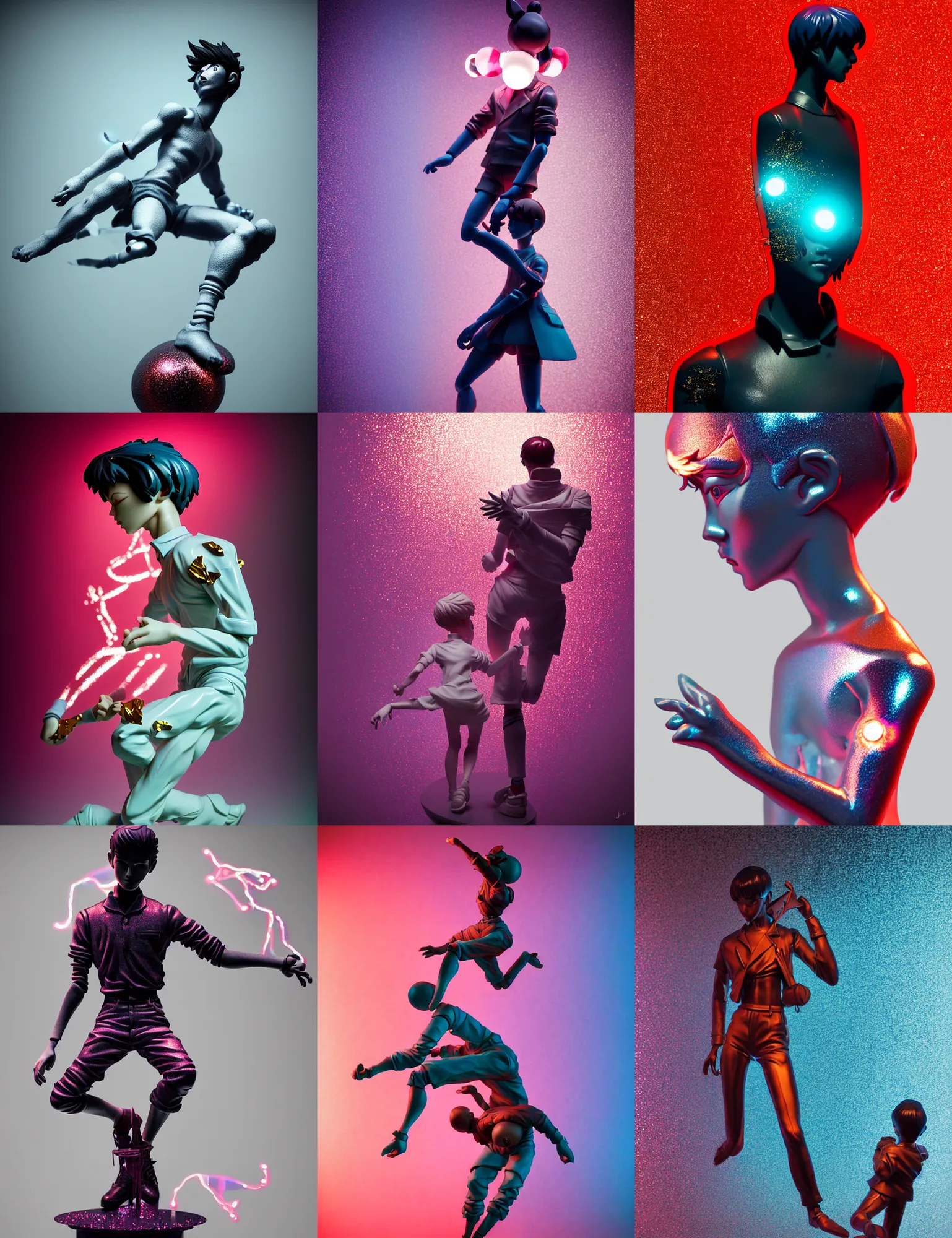 Prompt: james jean, ilya kuvshinov isolated fighter boy vinyl figure, figure photography, dynamic moving pose, glitter accents on figure, holographic undertones, anime stylized, high detail, ethereal lighting, rim light, expert light effects on figure, sharp focus, dramatic composition and glowing effects unreal engine, octane, editorial awarded design