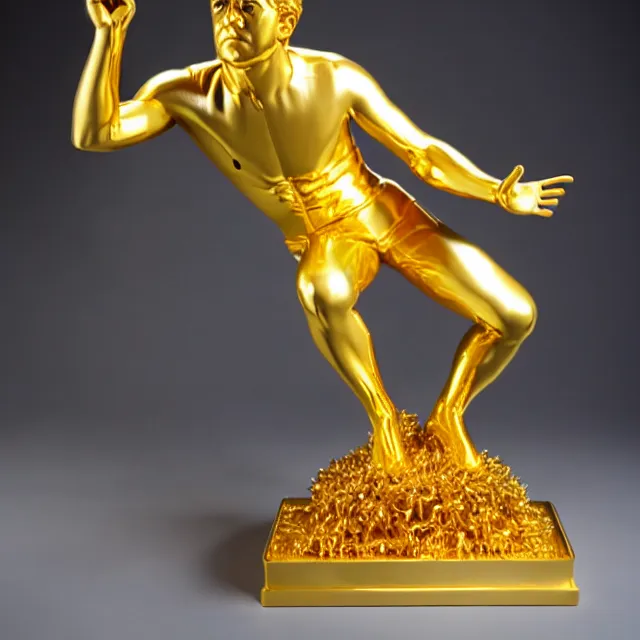 Prompt: shiny luxurious gold statue of cowardly idiot