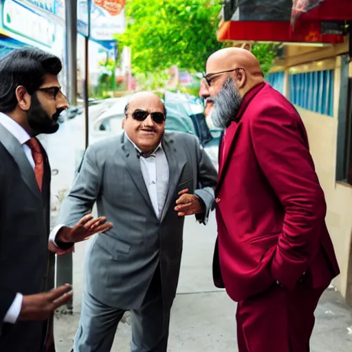 Prompt: portrait of tall indian man in a suit arguing with danny devito outside a bar, photo