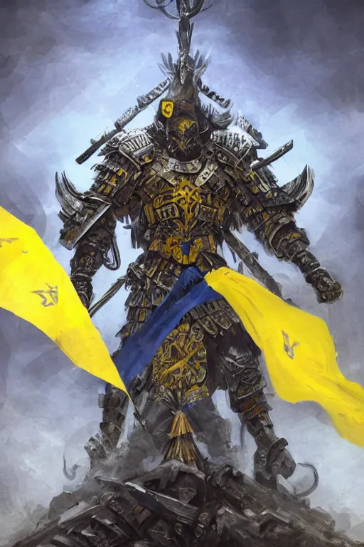 Image similar to a distant shot from below of a Ukrainian super soldier with blue and yellow flag behind him and a trident coat of arms on the chest standing alone on a huge pile of skulls posing as a winner, masculine muscular figure, D&D, fantasy, intricate, elegant, highly detailed, extremely detailed, digital painting, artstation, concept art, matte, smooth, hyper realistic, sharp focus, illustration, art by Artgerm and Greg Rutkowski and Alphonse Mucha