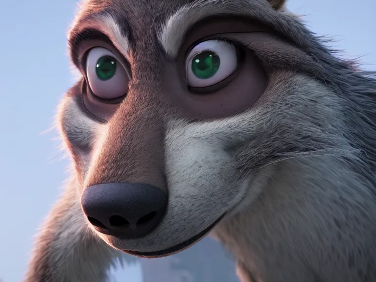 Image similar to a film still from zootopia main character portrait anthro anthropomorphic wolf guard head animal person fursona pixar disney animation sharp rendered in unreal engine 5 anime key art by greg rutkowski bloom dramatic lighting modeling beginner render