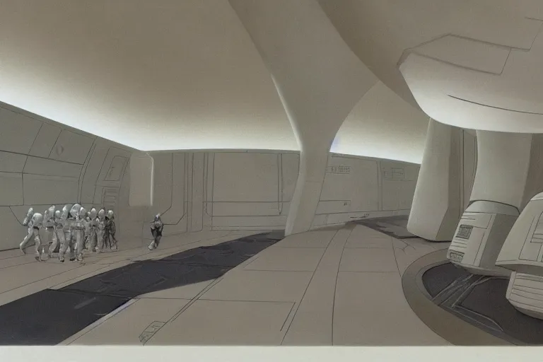 Prompt: ralph mcquarrie concept art for death star corridor interior with storm troopers