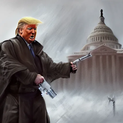 Image similar to Donald Trump as a jedi hero, capitol hill, post-apocalyptic, cinematic, atmospheric, highly detailed, artstation, Emanuel Leutze, Carl Wahlbom