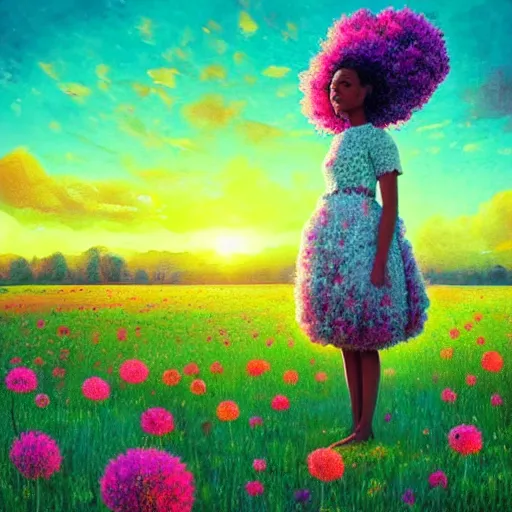 Image similar to giant flower afro, full body, girl standing in the middle of a field with flowers, surreal photography, hills, sunrise dramatic light, impressionist painting, colorful clouds, digital painting, pointillism, artstation, simon stalenhag