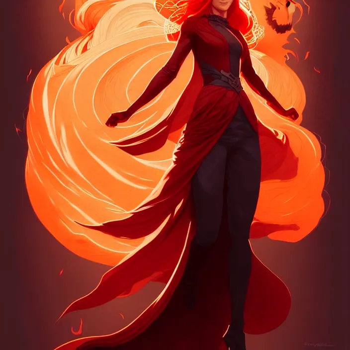 Image similar to style artgerm, joshua middleton, ellen jewett, beautiful kristen bell with dark red dress, very long orange hair, symmetrical face, symmetrical eyes, fire powers fire swirling, detailed, volcano setting, cinematic lighting