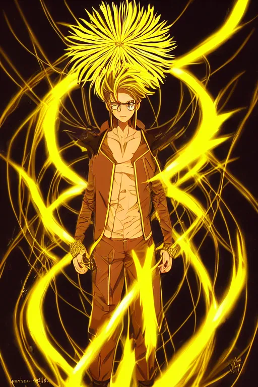 Image similar to golden glowing luminescent dandelion male anime character, symmetrical, highly detailed, digital art, sharp focus, trending on art station, amber eyes, fire colours