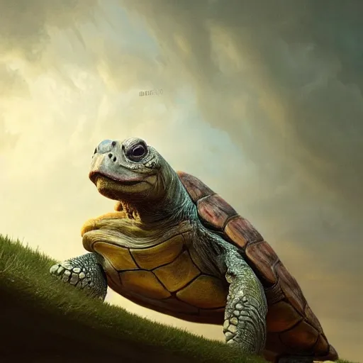 Image similar to zoomed in portrait of a hyper realistic mitch mcconnell as a turtle / tortoise, as an anthropomorphic turtle, painted by greg rutkowski, artgerm, beautiful lighting, masterpiece, epic, 4 k
