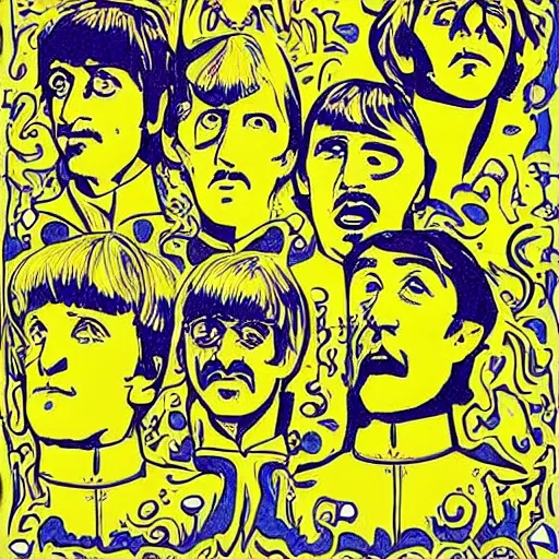 Image similar to we all live in a yellow submarine, drawing style, the beatles, psychedelic yellows