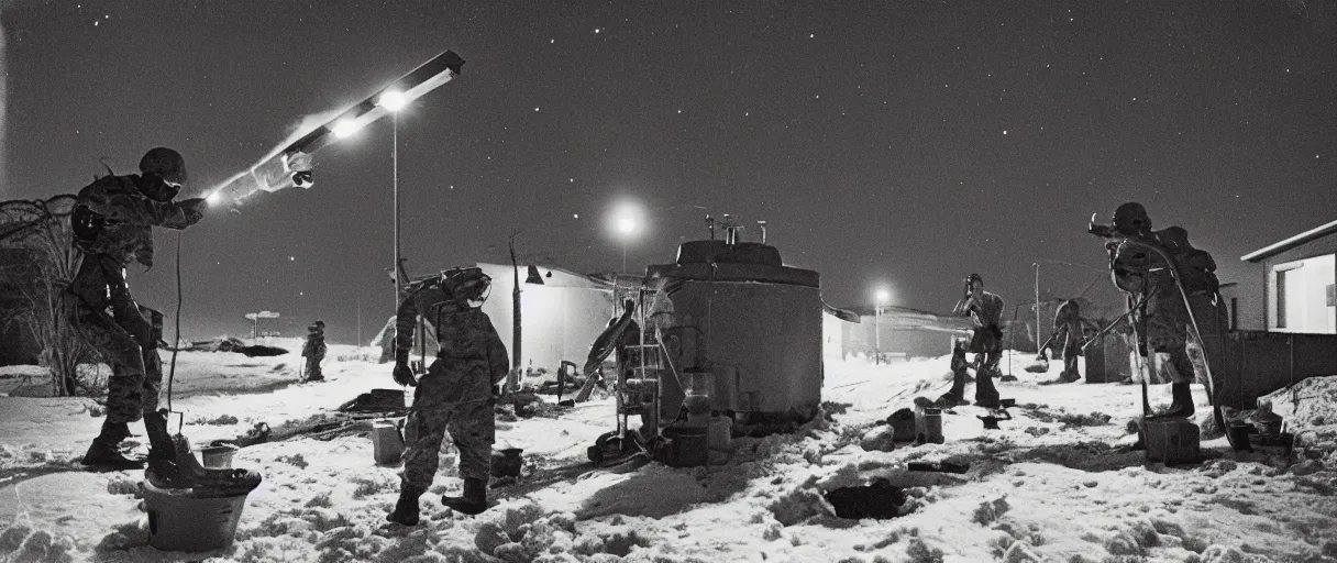 Image similar to a high quality color creepy atmospheric dimly lit closeup film 3 5 mm depth of field photograph of us soldiers pouring cans of gasoline along the perimeter of homes in mcmurdoch station in antarctica in 1 9 8 2 with the aurora borealis in the sky at night