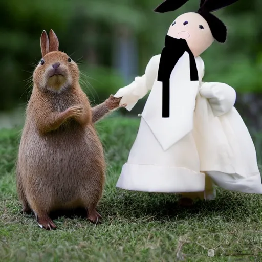 Prompt: a capybara wearing a tuxedo being wed to a rabbit wearing a wedding dress