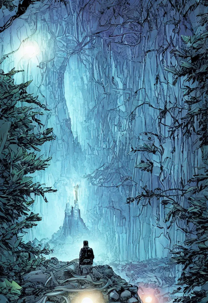 Prompt: A comic book cover of an android soldier with back to the camera, in a forest made of crystal, looking across a vast chasm and old rope bridge. On the mountain facing him is a crystal temple with a tower glowing in the fog