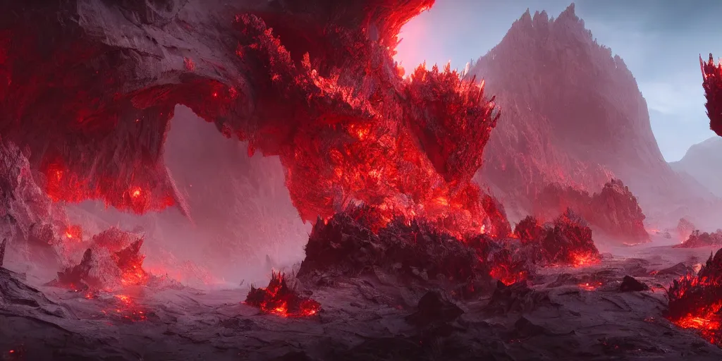 Image similar to a epic landscape full of big red crystals spikes emerging from the ground, concept art, octane render, unreal engine 5, trending on artstation, greg rutkowski, hyperrealistic, highly detailed, high quality, 8 k, dramatic lighting, cinematic, high coherence, high contrast, digital art, high definition, path traced, night
