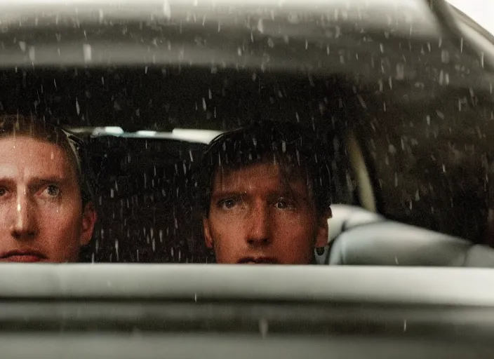 Image similar to A very high resolution image from a new movie, inside of a car, raining, hot, directed by wes anderson