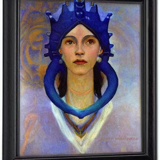 Image similar to the ocean crown, by Annie Swynnerton and Nicholas Roerich and Diego Rivera, blue skin, elaborate costume, geometric ornament, rich color, dramatic cinematic lighting, smooth, sharp focus, extremely detailed