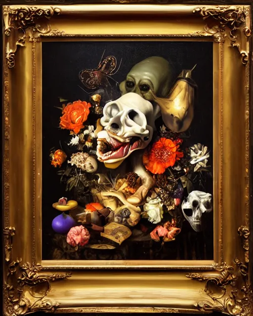 Image similar to refined gorgeous blended oil painting with black background by christian rex van minnen rachel ruysch dali todd schorr of a chiaroscuro portrait of an extremely bizarre disturbing mutated man made of still life flowers and rubber insects with shiny skin acne dutch golden age vanitas intense chiaroscuro cast shadows obscuring features dramatic lighting perfect symmetry perfect composition masterpiece