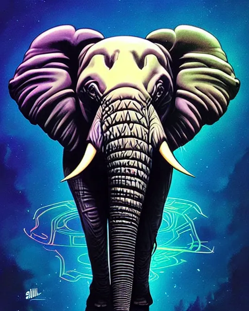 Image similar to a new logo for stillz music featuring an elephant with headphoes djing synthwave afrofuturism, dubstep character, detailed, intricate, hyperrealism, intense, scary, fierce, art by artgerm and greg rutkowski and rhads and anato finnstark