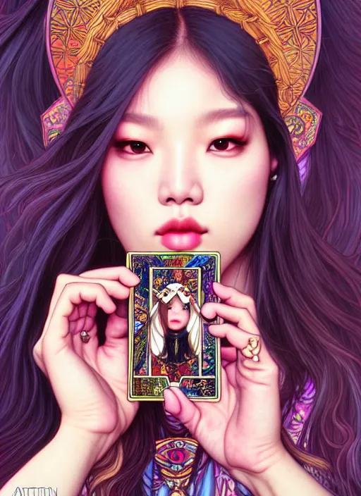 Image similar to jennie manoban of blackpink, tarot card, highly detailed, digital painting, smooth, sharp focus, illustration, ultra realistic, 8 k, art by artgerm and alphonse mucha