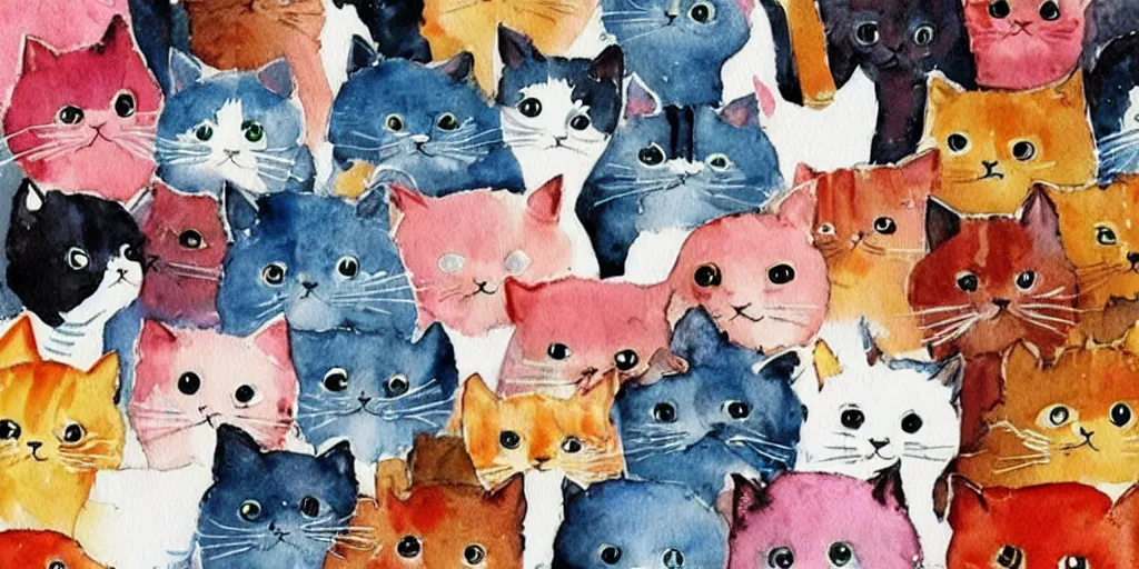 Image similar to watercolor illustration style, cute! cats!!! choose different costumes, business, inspiring art