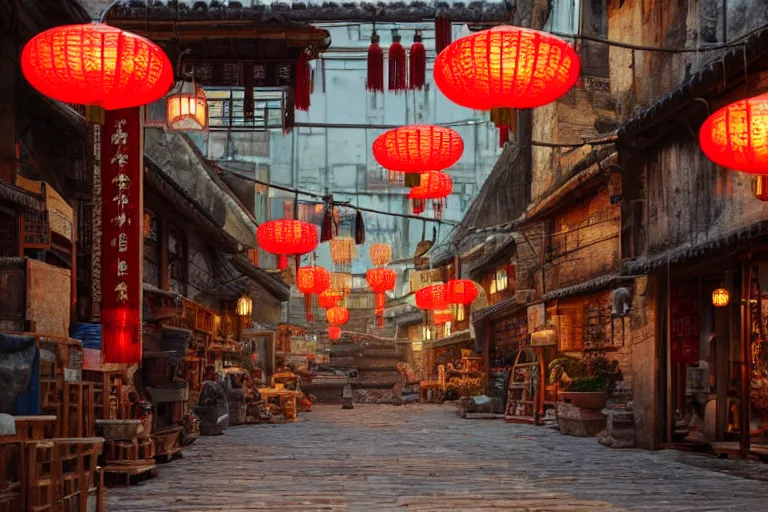 Prompt: Miniature of a rustic chinese street with shops, glowing lamps, octane render