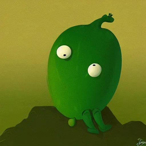 Prompt: A happy green pickle standing on top of a mountain, fog, digital art, cartoon art,