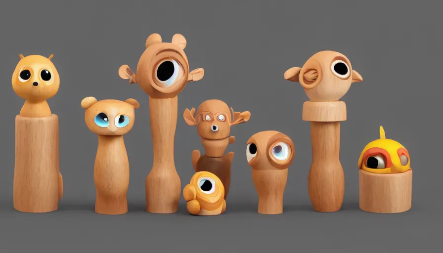 Prompt: very very very cute wooden toys by Max Kostenko and Bobby Chiu, baby creatures, disney, pixar, character design for animation, uplight, a lineup of characters, big disney eyes, symmetrical eyes, cuteness, 3d render, octane rendered, highly detailed, unreal engine, Trending on Artstation, octane render, 4k, 8k, HD