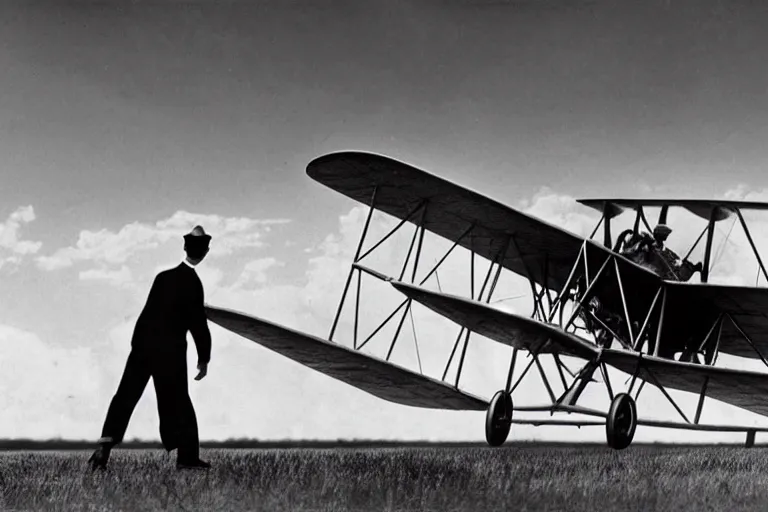 Image similar to still photo of the wright brothers taking off an airplane for the first time, black and white color photograph, highly detailed, photorealistic shot, bright studio setting, studio lighting, crisp quality and light reflections, unreal engine 5 quality render