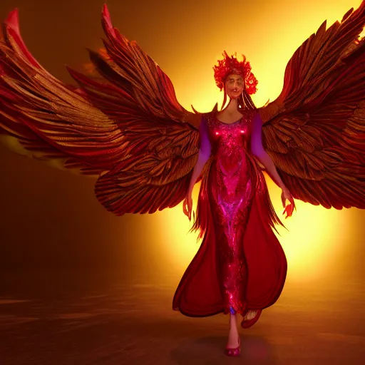 Prompt: a beautiful orchid phoenix angel woman, in an ornamented dress with large wings, photorealism, unreal engine, volumetric light, god rays, 8 k high resolution, rubies