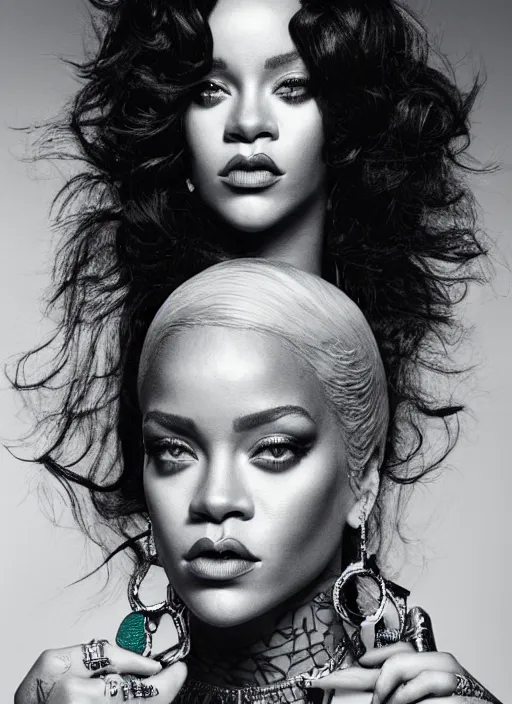 Image similar to portrait of rihanna and lady gaga, for vogue magazin, by charlotte grimm, natural light, detailed face, beautiful features, symmetrical, highly detailed, highly realistic, high resolution, canon eos c 3 0 0, ƒ 1. 8, 3 5 mm, 8 k, medium - format print, half body shot