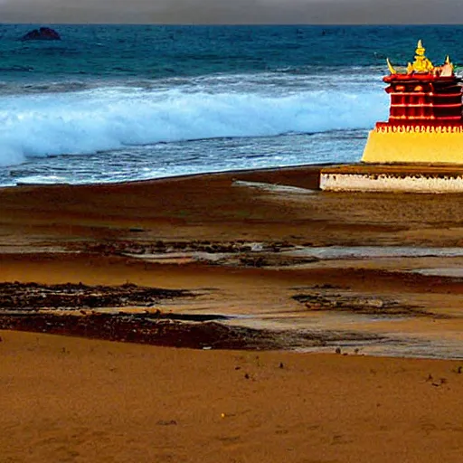 Prompt: deserted seaside coast temple in tibet, sunrise, waves, kites, storm in the background, art by daarken, wayne reynolds, chuck luckacs, lars grant-west