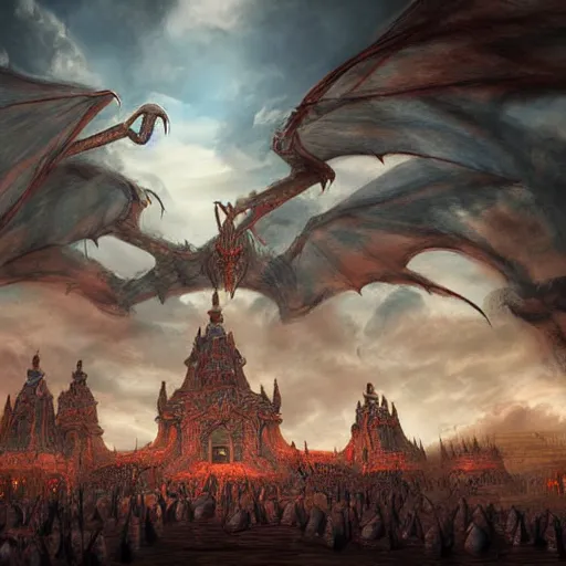 Prompt: huge temple in hell with dragons in the sky behind it circling like vultures, surreal, sharp focus, digital art, epic composition, concept art, dynamic lighting, intricate, highly detailed