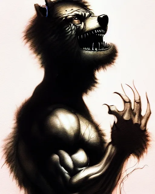 Prompt: in the style of artgerm, rembrandt, rafael albuquerque, boris vallejo, large hairy werewolf in a shopping mall at night, moody lighting, over the shoulder shot, horror scary terror