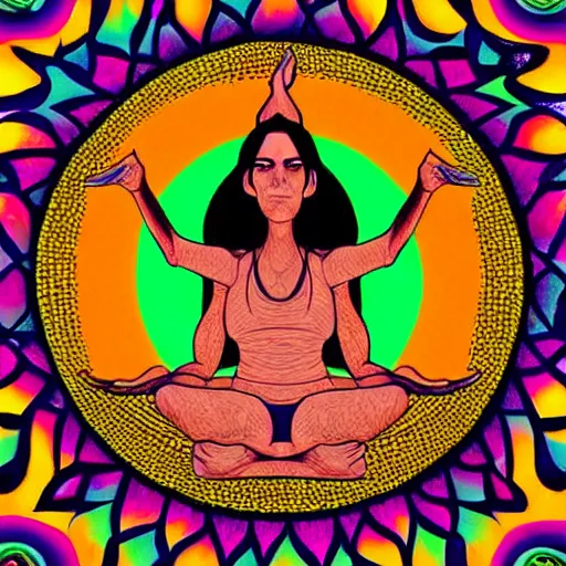 Prompt: a psychedelic illustration of my lehrman doing yoga, medium long brown orange hair, green eyes, round face, thin eyebrows, vivid colors, dramatic, intricate, detailed, art by my lehrman